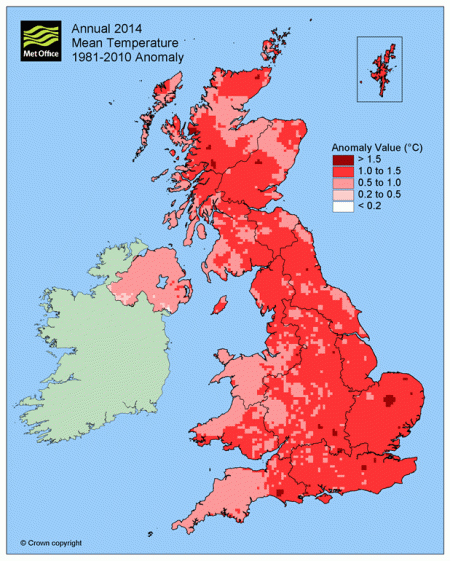 Colour-coded Map of UK showing how each region of the UK exceeded the 1981-2010 average temperature. Crown Copyright